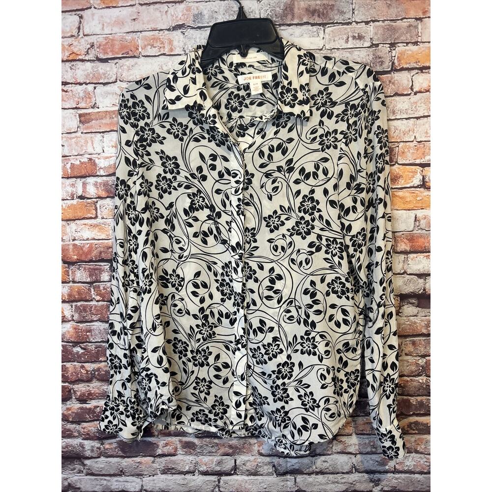 joe fresh silk top black white floral blouse long sleeve women's size small